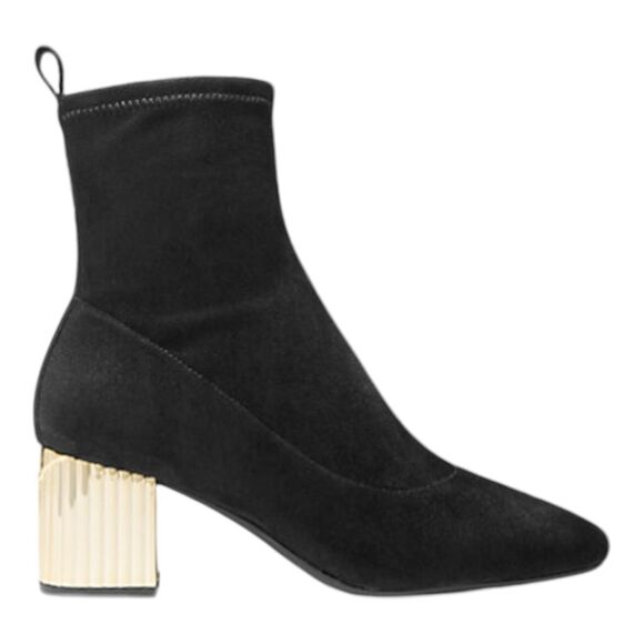 Michael Kors Porter Mid Bootie Sz 5 Black Stretch Faux Suede Gold  Heels NWOB - Picture 1 of 8